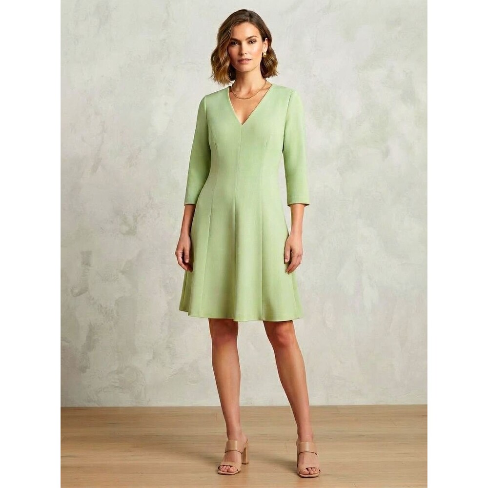 Anne Klein Green Solid V-Neck Fit & Flare Dress